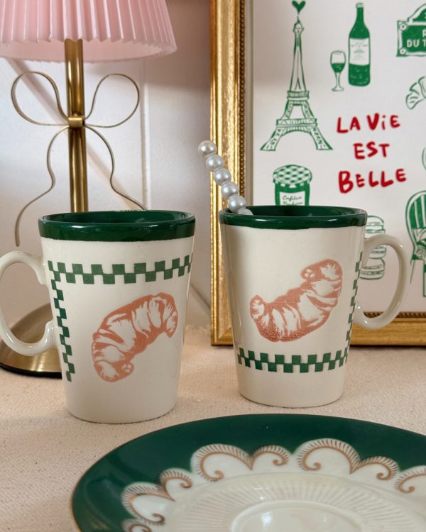 Vintage Checkered Croissant Mug Set of 2
