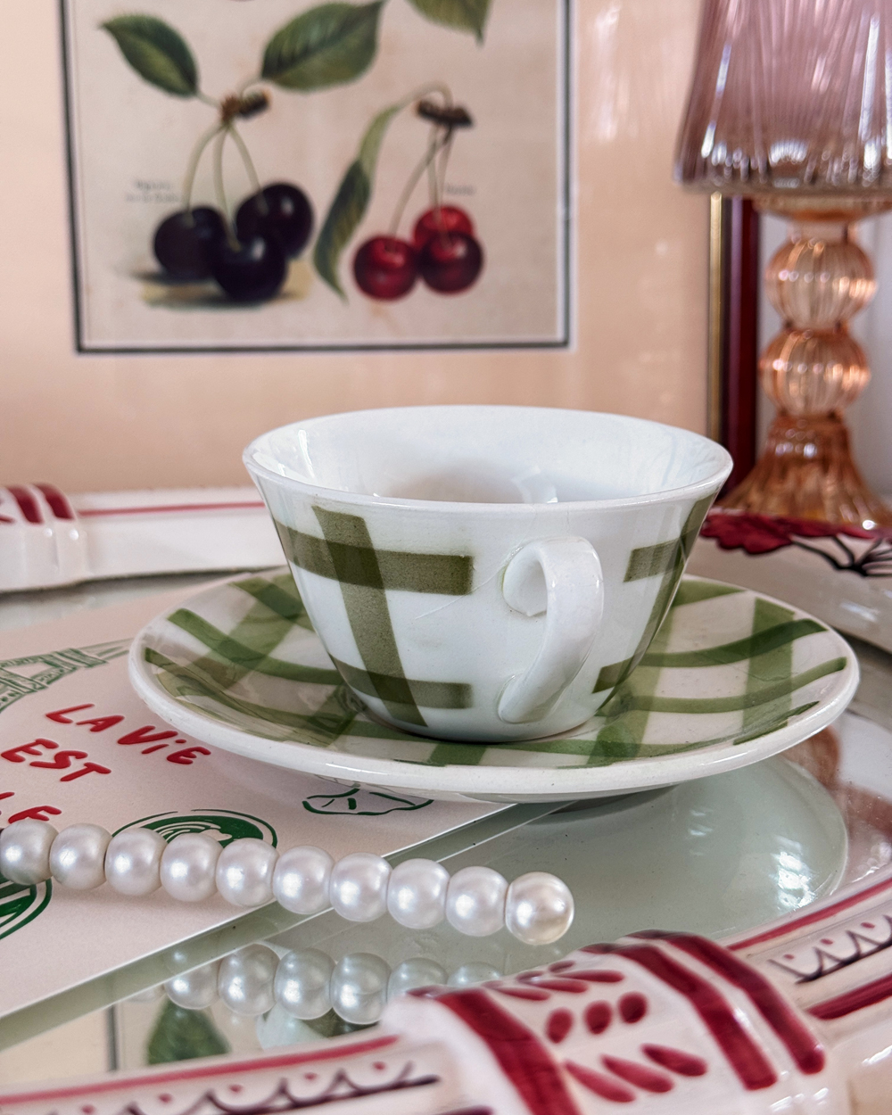 Vintage Green Vichy Cup Saucer Set