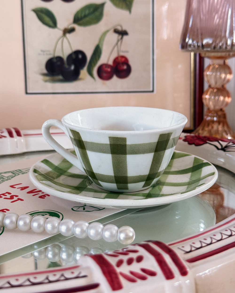Vintage Green Vichy Cup Saucer Set
