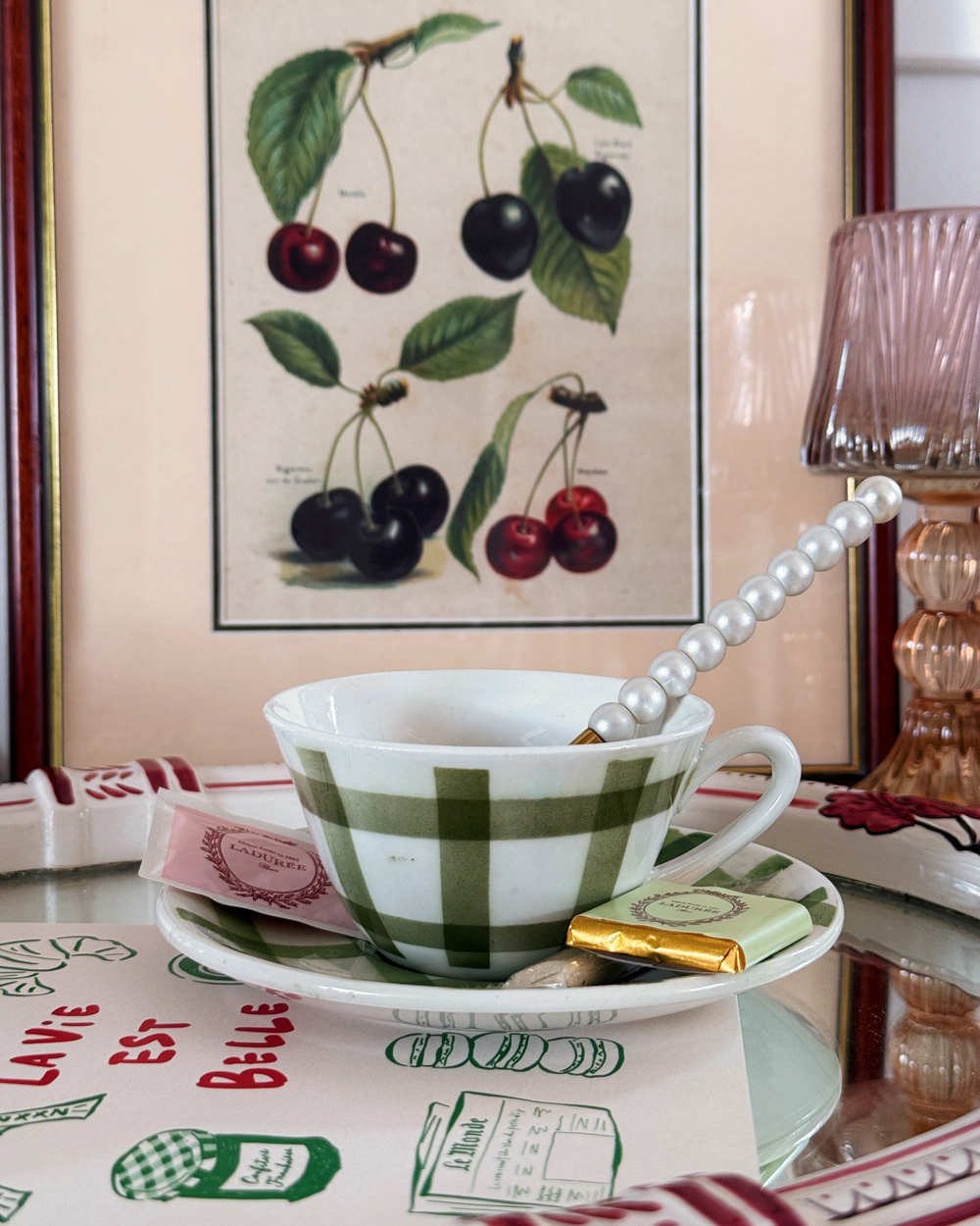 Vintage Green Vichy Cup Saucer Set