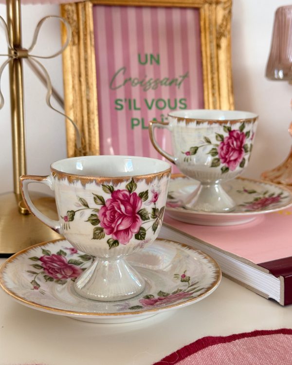 Vintage Versailles Iridescent Rose Pedestal Cup Saucer Set of 2